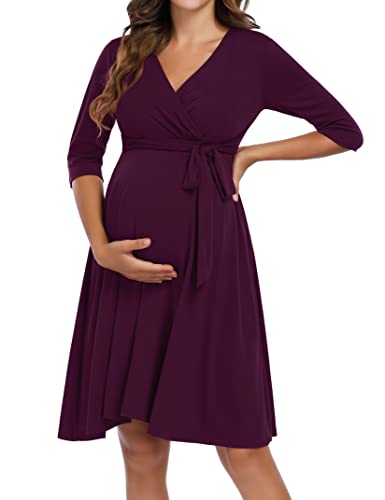 KOJOOIN Damen Umstandskleid Schwangerschafts Kleid für Schwangere Stillkleid V-Ausschnitt Langarm mit Taillengürtel Dunkelrot S von KOJOOIN