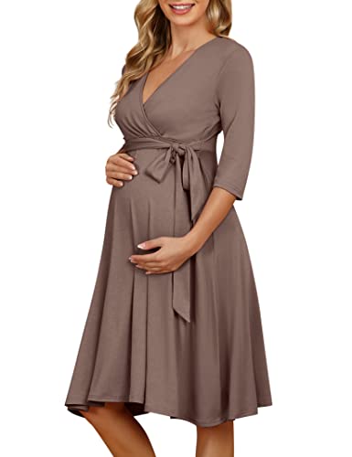 KOJOOIN Damen Umstandskleid Schwangerschafts Kleid für Schwangere Stillkleid V-Ausschnitt Langarm mit Taillengürtel Khaki L von KOJOOIN