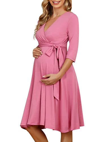 KOJOOIN Damen Umstandskleid Schwangerschafts Kleid für Schwangere Stillkleid V-Ausschnitt Langarm mit Taillengürtel Rosa S von KOJOOIN