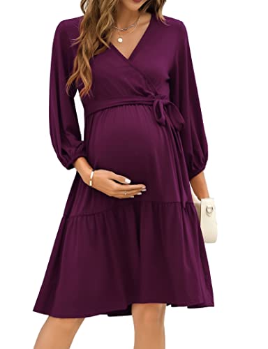 KOJOOIN Damen Umstandskleid V-Ausschnitt 3/4 Ärmel Stillkleid Rüschen Schwangerschafts Kleider mit Gürtel Burgundy(3/4 Ärmel) L von KOJOOIN