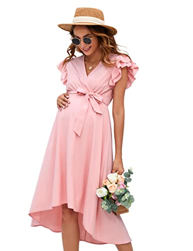 KOJOOIN Damen Umstandskleid V-Ausschnitt 3/4 Ärmel Wickelkleid Casual Hi-Low Midi Tie Stillkleid mit Gürtel, Pink-1, Groß von KOJOOIN