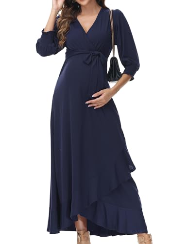 KOJOOIN Damen Umstandskleid V-Ausschnitt Langarm Stillkleid Schwangerschaftskleid mit Rüschen Blumenkleid DunKelblau Blumen L von KOJOOIN