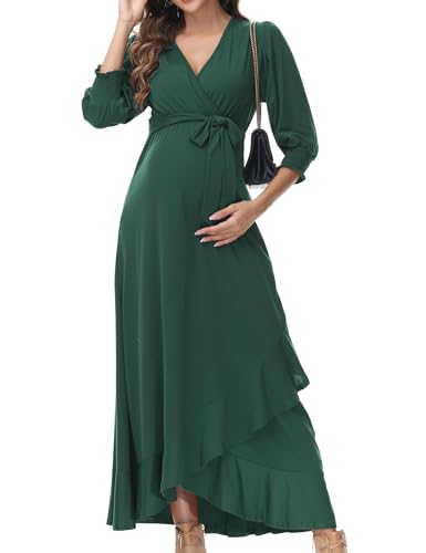 KOJOOIN Damen Umstandskleid V-Ausschnitt Langarm Stillkleid Schwangerschaftskleid mit Rüschen Blumenkleid Dunkelgrün Blumen XL von KOJOOIN