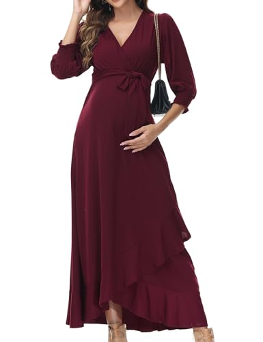 KOJOOIN Damen Umstandskleid V-Ausschnitt Langarm Stillkleid Schwangerschaftskleid mit Rüschen Blumenkleid Weinrot Blumen XL von KOJOOIN