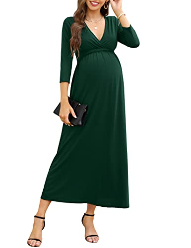 KOJOOIN Damen Umstandskleid V-Ausschnitt Langes Stillkleid 3/4 Ärmel Casual Falten Schwangerschaftskleid Dunkelgrün(3/4 Ärmel) M von KOJOOIN