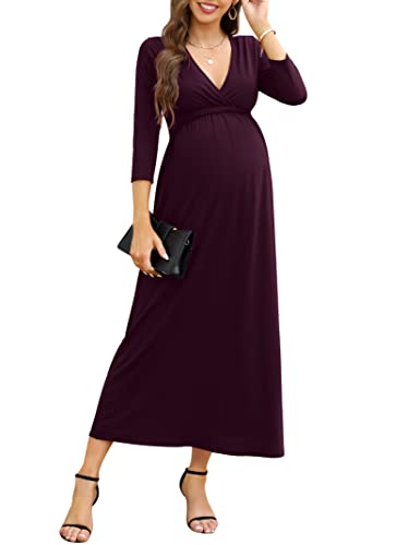 KOJOOIN Damen Umstandskleid V-Ausschnitt Langes Stillkleid 3/4 Ärmel Casual Falten Schwangerschaftskleid Grape(3/4 Ärmel) M von KOJOOIN