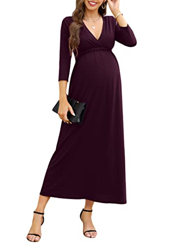 KOJOOIN Damen Umstandskleid V-Ausschnitt Langes Stillkleid 3/4 Ärmel Casual Falten Schwangerschaftskleid Grape(3/4 Ärmel) S von KOJOOIN