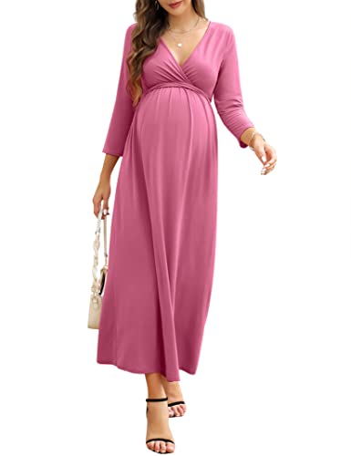 KOJOOIN Damen Umstandskleid V-Ausschnitt Langes Stillkleid 3/4 Ärmel Casual Falten Schwangerschaftskleid Rosa(3/4 Ärmel) M von KOJOOIN