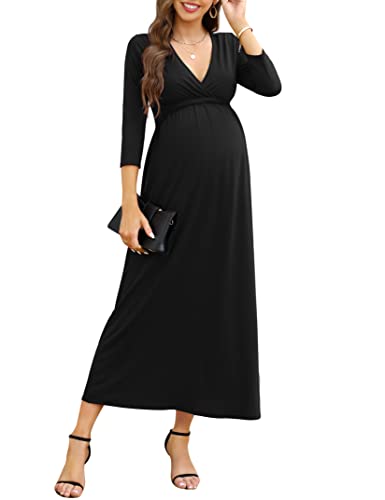 KOJOOIN Damen Umstandskleid V-Ausschnitt Langes Stillkleid 3/4 Ärmel Casual Falten Schwangerschaftskleid Schwarz(3/4 Ärmel) XL von KOJOOIN