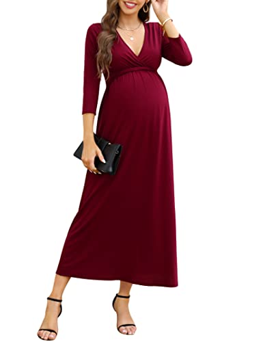 KOJOOIN Damen Umstandskleid V-Ausschnitt Langes Stillkleid 3/4 Ärmel Casual Falten Schwangerschaftskleid Weinrot(3/4 Ärmel) M von KOJOOIN