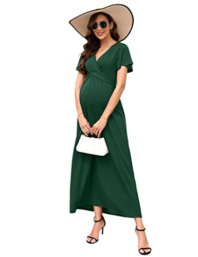 KOJOOIN Damen Umstandskleid V-Ausschnitt Langes Stillkleid Kurzarm Elegant Falten Schwangerschaftskleid Dunkelgrün(Kurzarm) L von KOJOOIN