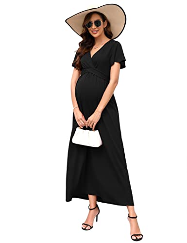 KOJOOIN Damen Umstandskleid V-Ausschnitt Langes Stillkleid Kurzarm Elegant Falten Schwangerschaftskleid Schwarz(Kurzarm) XL von KOJOOIN