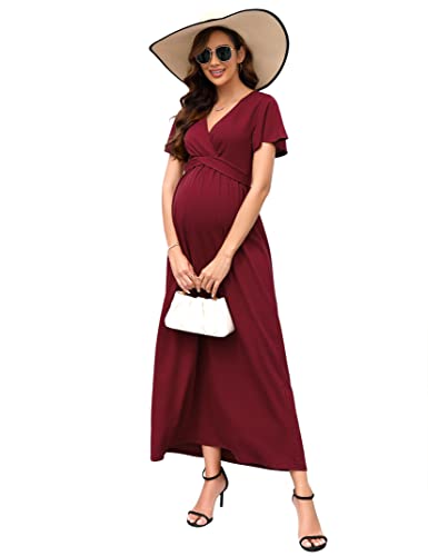 KOJOOIN Damen Umstandskleid V-Ausschnitt Langes Stillkleid Kurzarm Elegant Falten Schwangerschaftskleid Weinrot(Kurzarm) XXL von KOJOOIN
