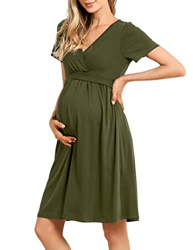 KOJOOIN Damen Umstandskleid V-Ausschnitt Stillkleid Casual Falten Schwangerschaftskleid Olivgrün(Kurzarm) L von KOJOOIN