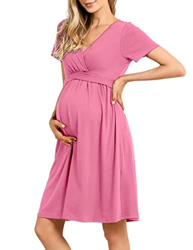 KOJOOIN Damen Umstandskleid V-Ausschnitt Stillkleid Casual Falten Schwangerschaftskleid Rosa(Kurzarm) L von KOJOOIN