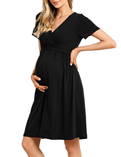 KOJOOIN Damen Umstandskleid V-Ausschnitt Stillkleid Casual Falten Schwangerschaftskleid Schwarz(Kurzarm) L von KOJOOIN