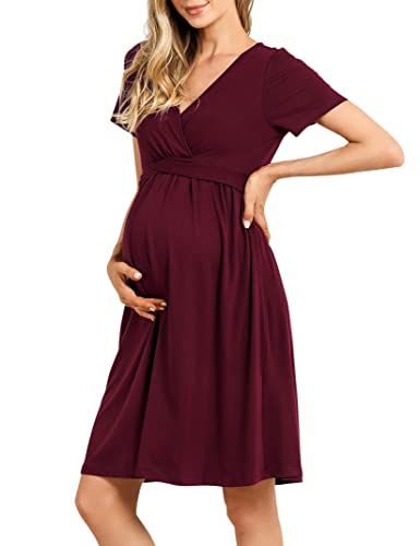 KOJOOIN Damen Umstandskleid V-Ausschnitt Stillkleid Casual Falten Schwangerschaftskleid Weinrot(Kurzarm) L von KOJOOIN
