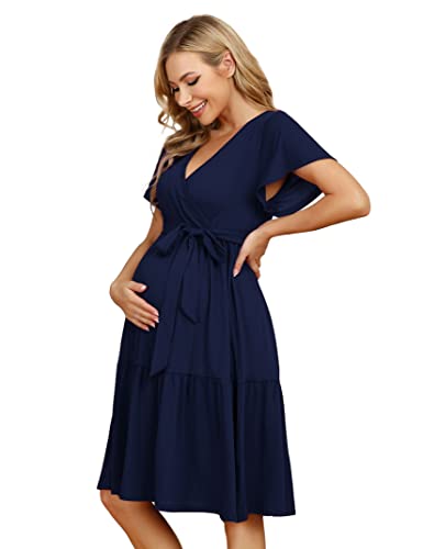 KOJOOIN Damen Umstandskleid V-Ausschnitt Stillkleid Casual Schwangerschafts Kleider mit Rüsche Dunkelblau1(Kurzarm) XL von KOJOOIN