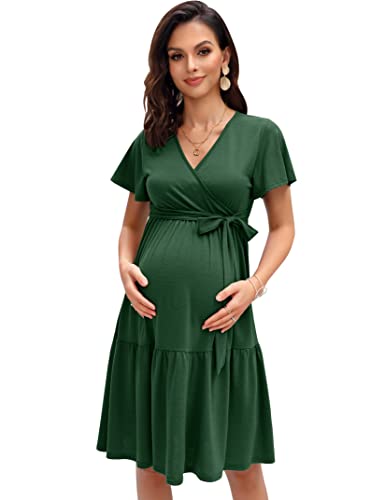 KOJOOIN Damen Umstandskleid V-Ausschnitt Stillkleid Casual Schwangerschafts Kleider mit Rüsche Dunkelgrün(Kurzarm) XL von KOJOOIN