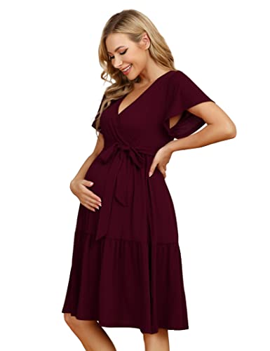 KOJOOIN Damen Umstandskleid V-Ausschnitt Stillkleid Casual Schwangerschafts Kleider mit Rüsche Grape(Kurzarm) S von KOJOOIN