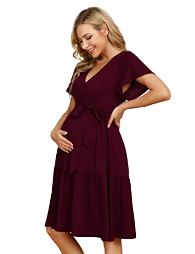KOJOOIN Damen Umstandskleid V-Ausschnitt Stillkleid Casual Schwangerschafts Kleider mit Rüsche Grape(Kurzarm) XXL von KOJOOIN