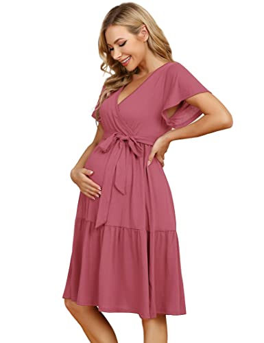 KOJOOIN Damen Umstandskleid V-Ausschnitt Stillkleid Casual Schwangerschafts Kleider mit Rüsche Rosa(Kurzarm) L von KOJOOIN