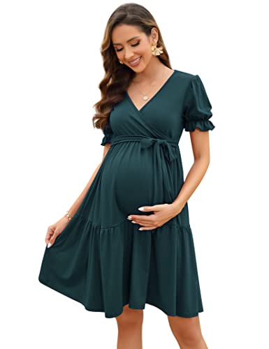 KOJOOIN Damen Umstandskleid V-Ausschnitt Stillkleid Elegant Puff Ärmel Schwangerschafts Kleider mit Rüsche Armeegrün(Kurzarm) L von KOJOOIN