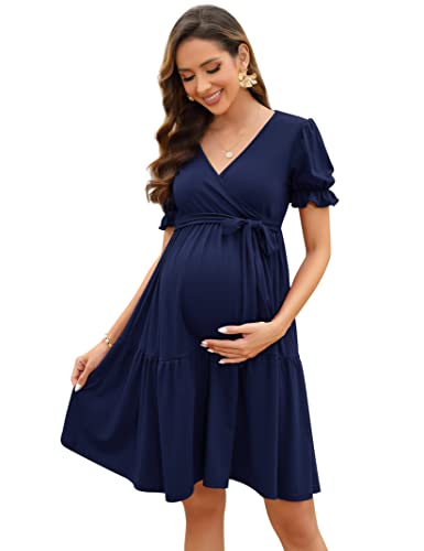KOJOOIN Damen Umstandskleid V-Ausschnitt Stillkleid Elegant Puff Ärmel Schwangerschafts Kleider mit Rüsche Dunkelblau(Kurzarm) S von KOJOOIN