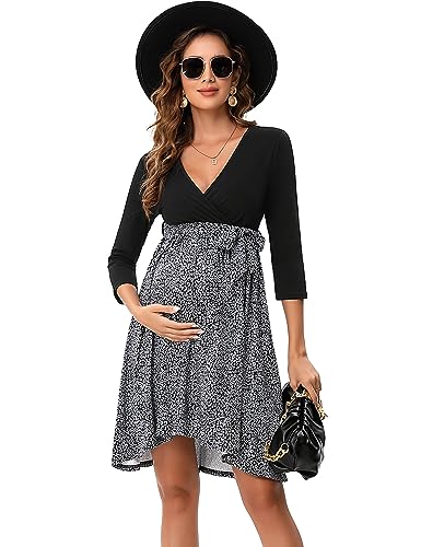 KOJOOIN Damen Umstandskleid V Ausschnitt Stillkleid Knielang Hohe Taille Schwangerschaftskleid mit Kurzarm Grauer Leopardenmuster XL von KOJOOIN