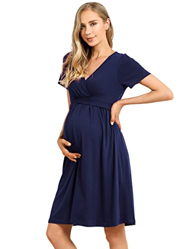 KOJOOIN Damen Umstandskleid V-Ausschnitt Stillkleid Kurzarm Casual Falten Schwangerschaftskleid Dunkelblau(Kurzarm) XL von KOJOOIN