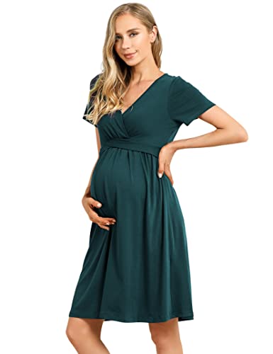 KOJOOIN Damen Umstandskleid V-Ausschnitt Stillkleid Kurzarm Casual Falten Schwangerschaftskleid Dunkelgrün(Kurzarm) L von KOJOOIN