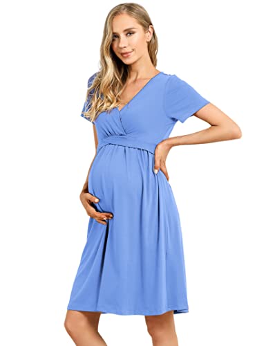 KOJOOIN Damen Umstandskleid V-Ausschnitt Stillkleid Kurzarm Casual Falten Schwangerschaftskleid Himmelblau(Kurzarm) XL von KOJOOIN