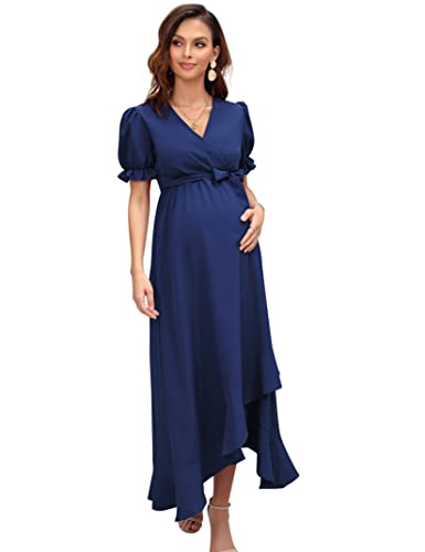 KOJOOIN Damen Umstandskleid V-Ausschnitt Stillkleid Kurzarm Schwangerschaftskleid mit Rüschen Blumenkleid DunKelblau Blumen XL von KOJOOIN