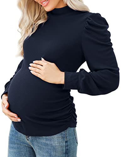 KOJOOIN Damen Umstandsshirt Langarm Umstandsbluse Rollkragen Umstandsmode mit Seite Geraffen Dunkelblau M von KOJOOIN