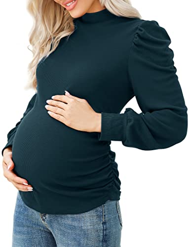 KOJOOIN Damen Umstandsshirt Langarm Umstandsbluse Rollkragen Umstandsmode mit Seite Geraffen Dunkelgrün M von KOJOOIN