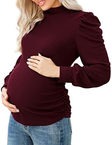 KOJOOIN Damen Umstandsshirt Langarm Umstandsbluse Rollkragen Umstandsmode mit Seite Geraffen Weinrot XXL von KOJOOIN
