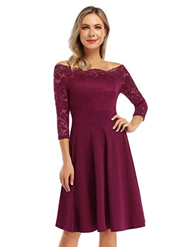 KOJOOIN Damen Vintage 1950er Spitzen Cocktailkleid Brautjungfernkleider für Hochzeit Kurze Abendkleider Langarm Dunkelrot (Off Schulter) L/42-44 von KOJOOIN