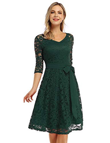 KOJOOIN Damen Vintage Brautjungfernkleid für Hochzeit Knielang Langarm Spitzenkleid Cocktailkleid Dunkelgrün XXL von KOJOOIN