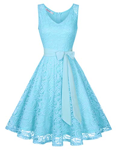 KOJOOIN Damen Vintage Brautjungfernkleider für Hochzeit Knielang Spitzenkleid Cocktailkleid Ballkleid Ärmellos Himmelblau XL von KOJOOIN