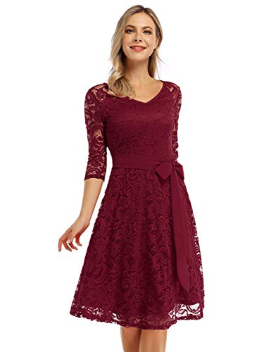 KOJOOIN Damen Vintage Kleid Brautjungfernkleid Knielang Langarm Spitzenkleid Cocktailkleid Bordeaux Weinrot S von KOJOOIN