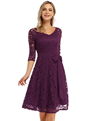 KOJOOIN Damen Vintage Kleid Brautjungfernkleid Knielang Langarm Spitzenkleid Cocktailkleid Lila Grape L von KOJOOIN