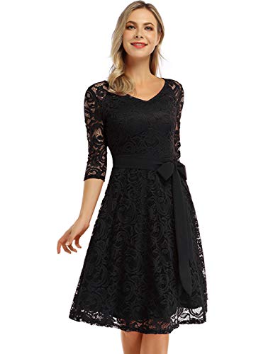 KOJOOIN Damen Vintage Kleid Brautjungfernkleid Knielang Langarm Spitzenkleid Cocktailkleid Schwarz L von KOJOOIN