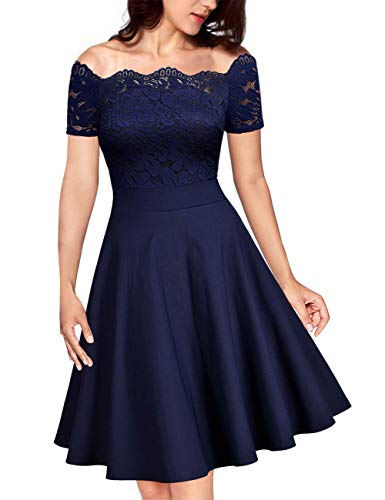 KOJOOIN Damen Vintage Kleider Spitzenkleid Cocktailkleid Brautjungfernkleider für Hochzeit Kurze Abendkleider Dunkelblau L von KOJOOIN