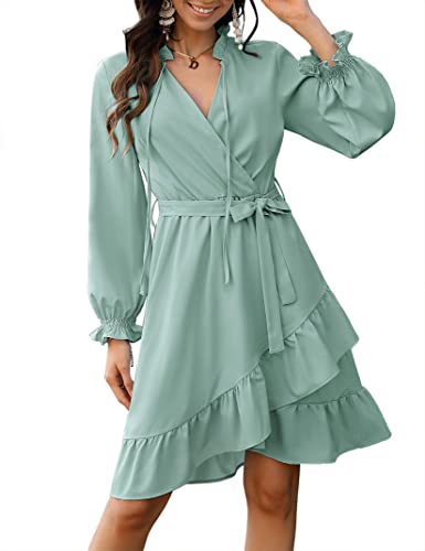 KOJOOIN Damen Wickelkleid Langarm Tunika Minikleid A-Linie mit Gürtel Hohe Taille Elegant Kurze Gerafftes Freizetikleid mit Rüschen Grün L von KOJOOIN