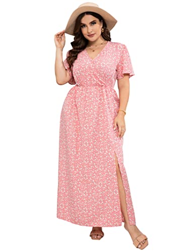KOJOOIN Damen Wickelkleid Maxi Kurz Flatterärmel Empire-Taille Split A Line Boho Casual Kleid, Rosa Blume, X-Groß von KOJOOIN