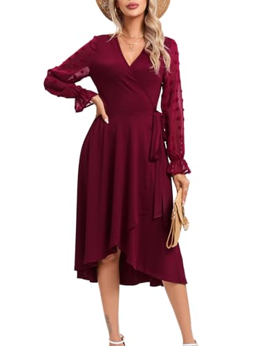 KOJOOIN Damen Wickelkleid Tüll Langarm Tunika Kleid V-Ausschnitt Skaterkleid Midikleid Casual Swing Kleid Knielanges Partykleid mit Gürtel（Verpackung MEHRWEG）,Weinerot, S von KOJOOIN