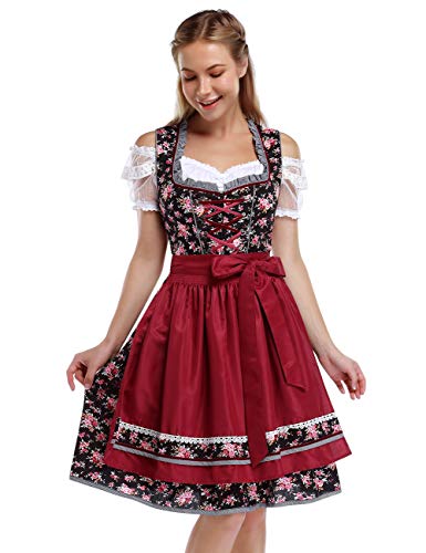 KOJOOIN Dirndl Damen 3tlg.Kurz Trachtenkleid Set Midi Dirndlkleid inkl. Dirndlkleid, Dirndlbluse, Dirndlschürze für Oktoberfest Besondere Anlässe Weinrot 42 von KOJOOIN