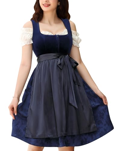 KOJOOIN Dirndl Damen 3tlg.Trachtenkleid Set Midi Dirndl inkl. Dirndlkleid, Dirndlbluse, Dirndlschürze für Oktoberfest Besondere Anlässe Dunkelblau（Samt） A 38 von KOJOOIN