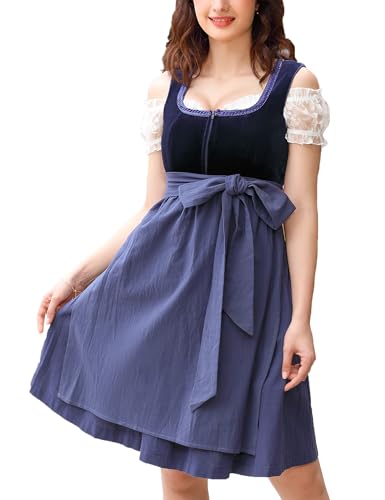 KOJOOIN Dirndl Damen 3tlg.Trachtenkleid Set Midi Dirndl inkl. Dirndlkleid, Dirndlbluse, Dirndlschürze für Oktoberfest Besondere Anlässe Dunkelblau（Samt） B 36 von KOJOOIN