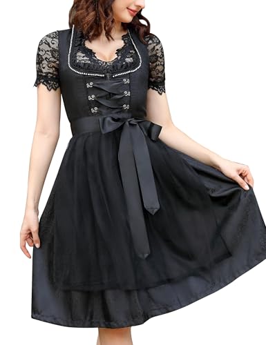 KOJOOIN Dirndl Damen Kurz 3Tlg. Trachtenkleid Midi für Oktoberfest mit Spitzenschürze A-Schwarz 44 von KOJOOIN